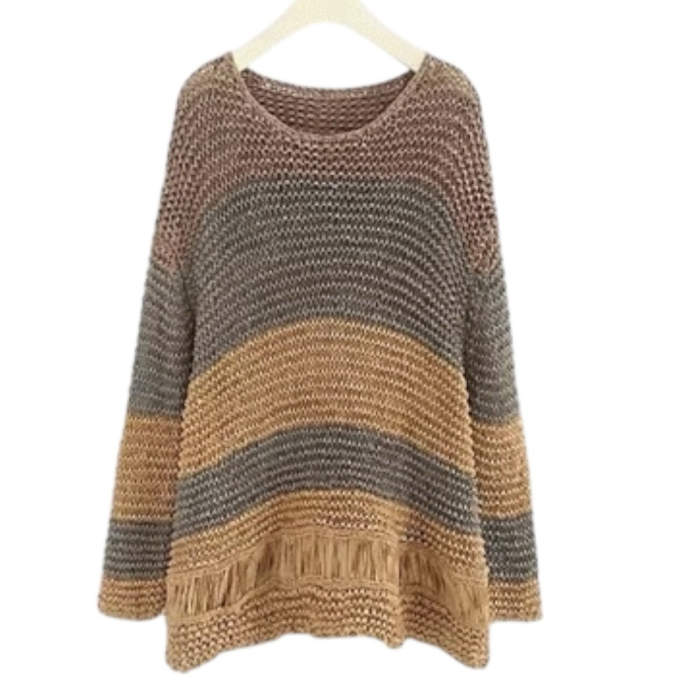 ZARA Oversized Open Knit Sweater Striped Olive Taupe Boho Size M